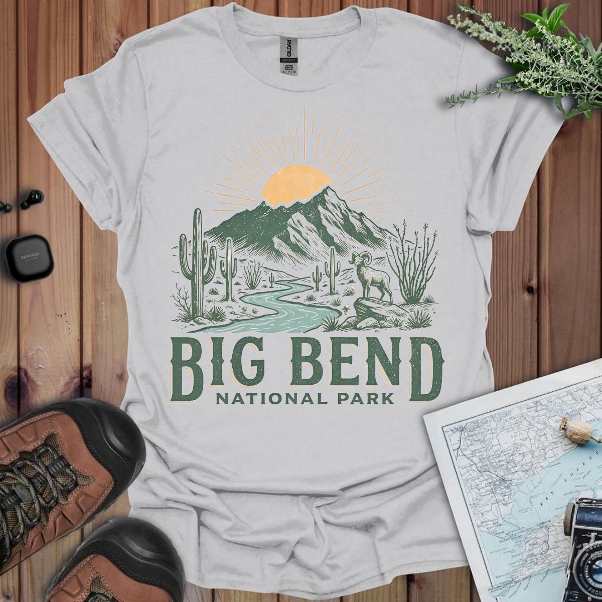 Big Bend National Park big horned graphic t-shirt shown in lifestyle or modeled setting