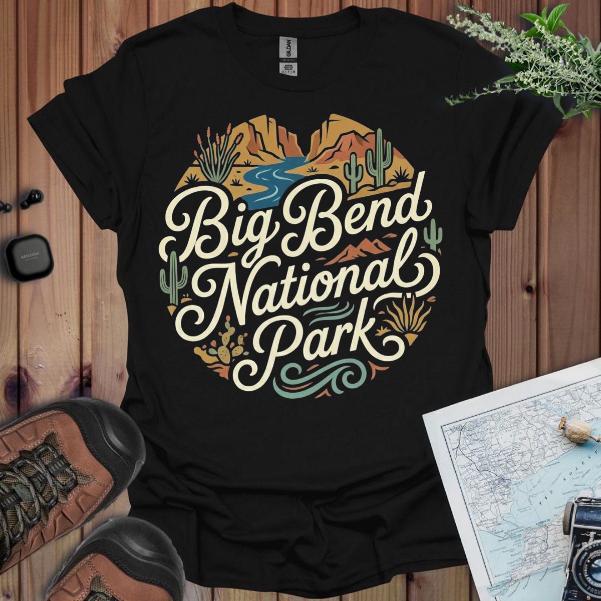 Big Bend National Park curved graphic t-shirt shown in lifestyle or modeled setting