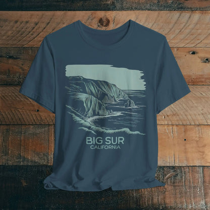 Big Sur California shoreline nature graphic t-shirt shown in alternate apparel color