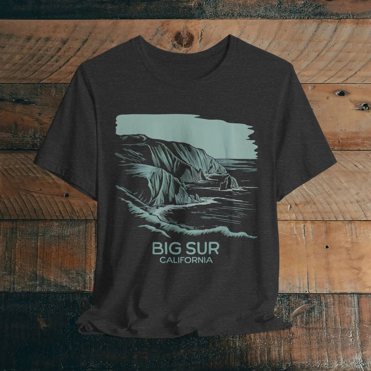 Big Sur California shoreline nature graphic t-shirt shown in lifestyle or modeled setting