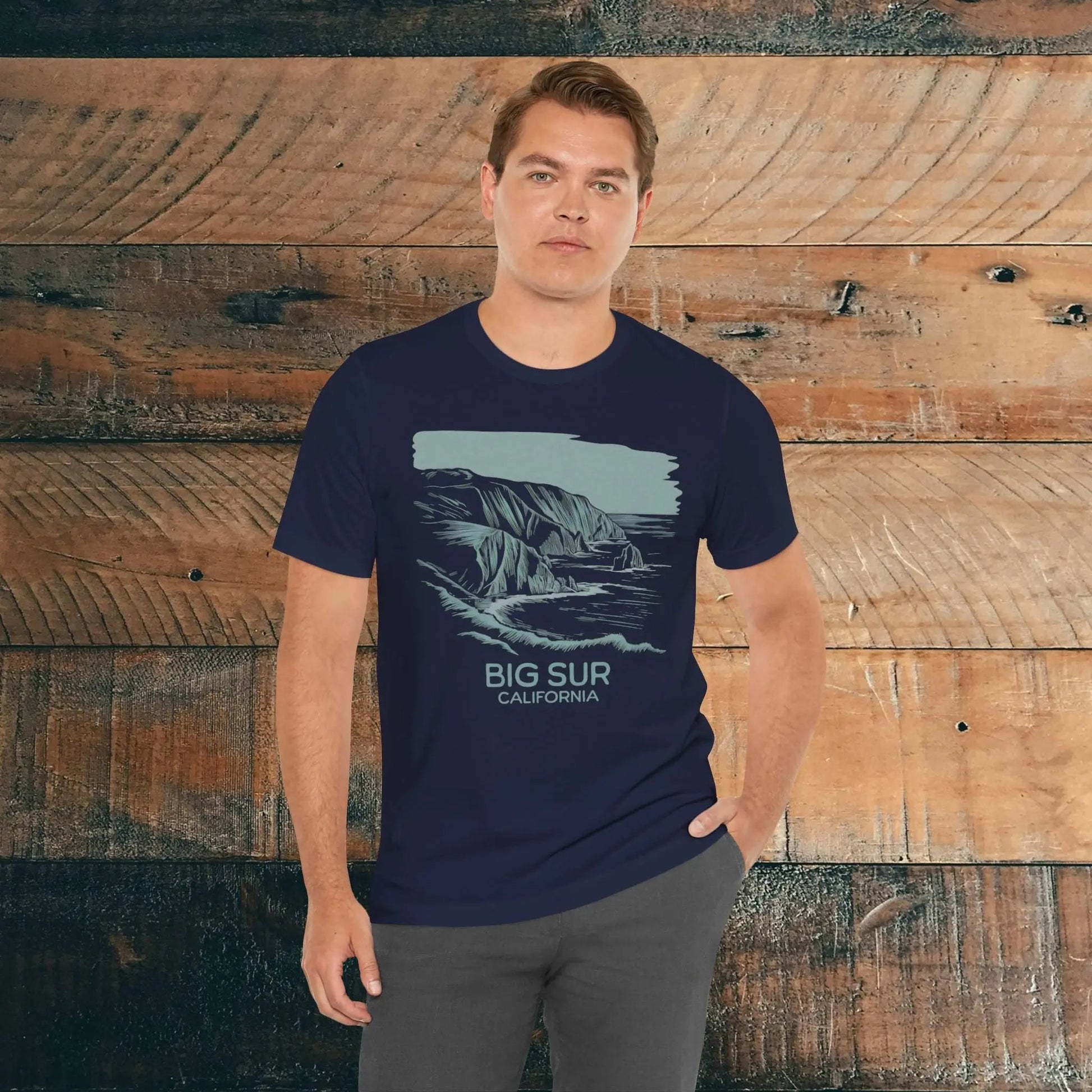 Big Sur California shoreline nature graphic t-shirt shown in alternate apparel color