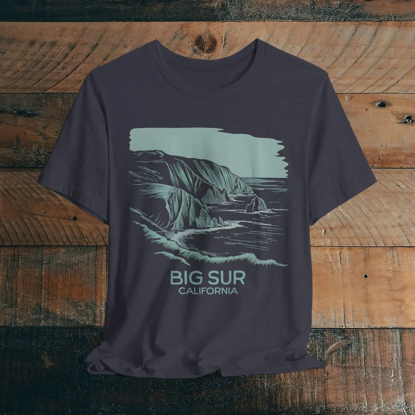Big Sur California shoreline nature graphic t-shirt shown in alternate apparel color