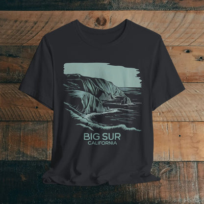 Big Sur California shoreline nature graphic t-shirt shown in lifestyle or modeled setting
