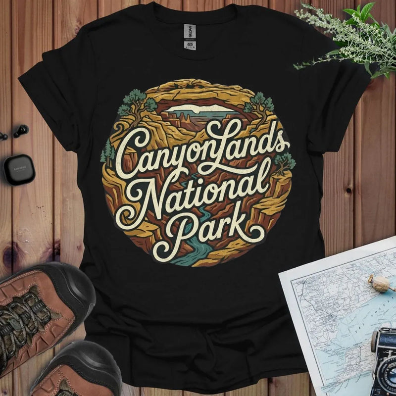 Canyonlands National Park curved graphic t-shirt shown in lifestyle or modeled setting