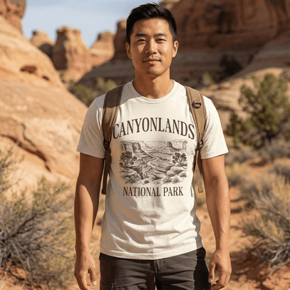 Canyonlands National Park rustic graphic t-shirt shown in lifestyle or modeled setting