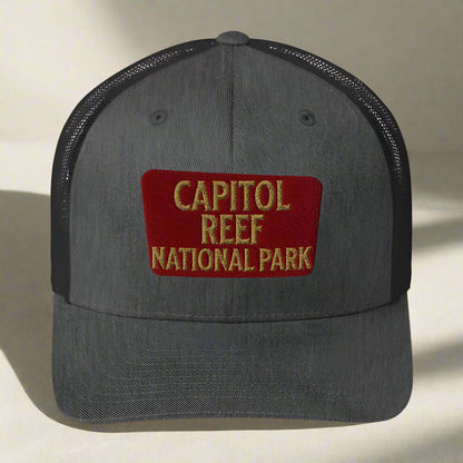 Capitol Reef National Park sign embroidered trucker hat shown from alternate product angle