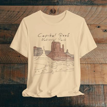 Capitol Reef National Park line art graphic t-shirt shown in lifestyle or modeled setting