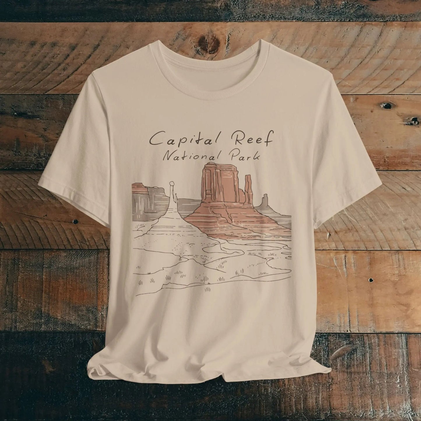 Capitol Reef National Park line art graphic t-shirt shown in alternate apparel color