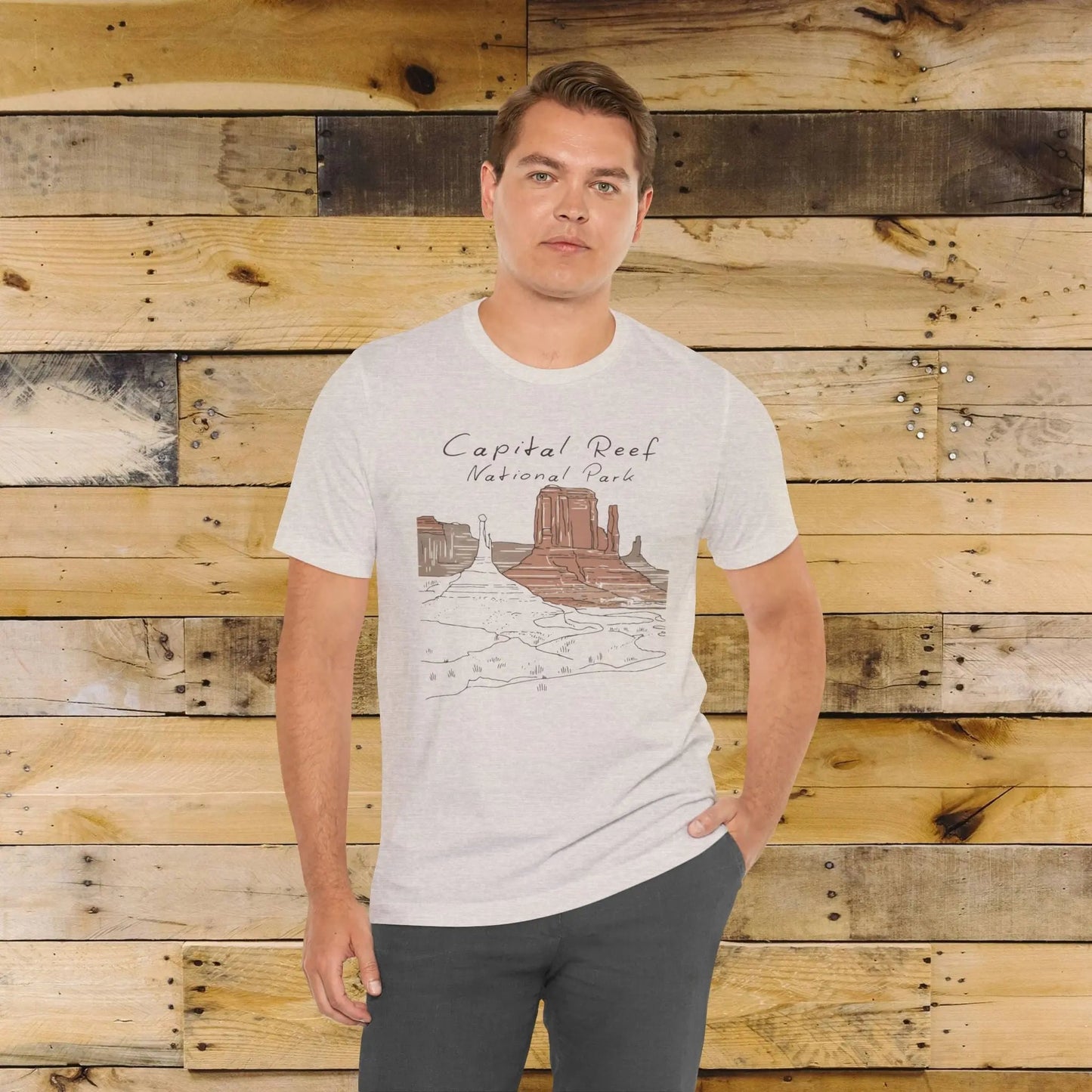 Capitol Reef National Park line art graphic t-shirt shown in alternate apparel color