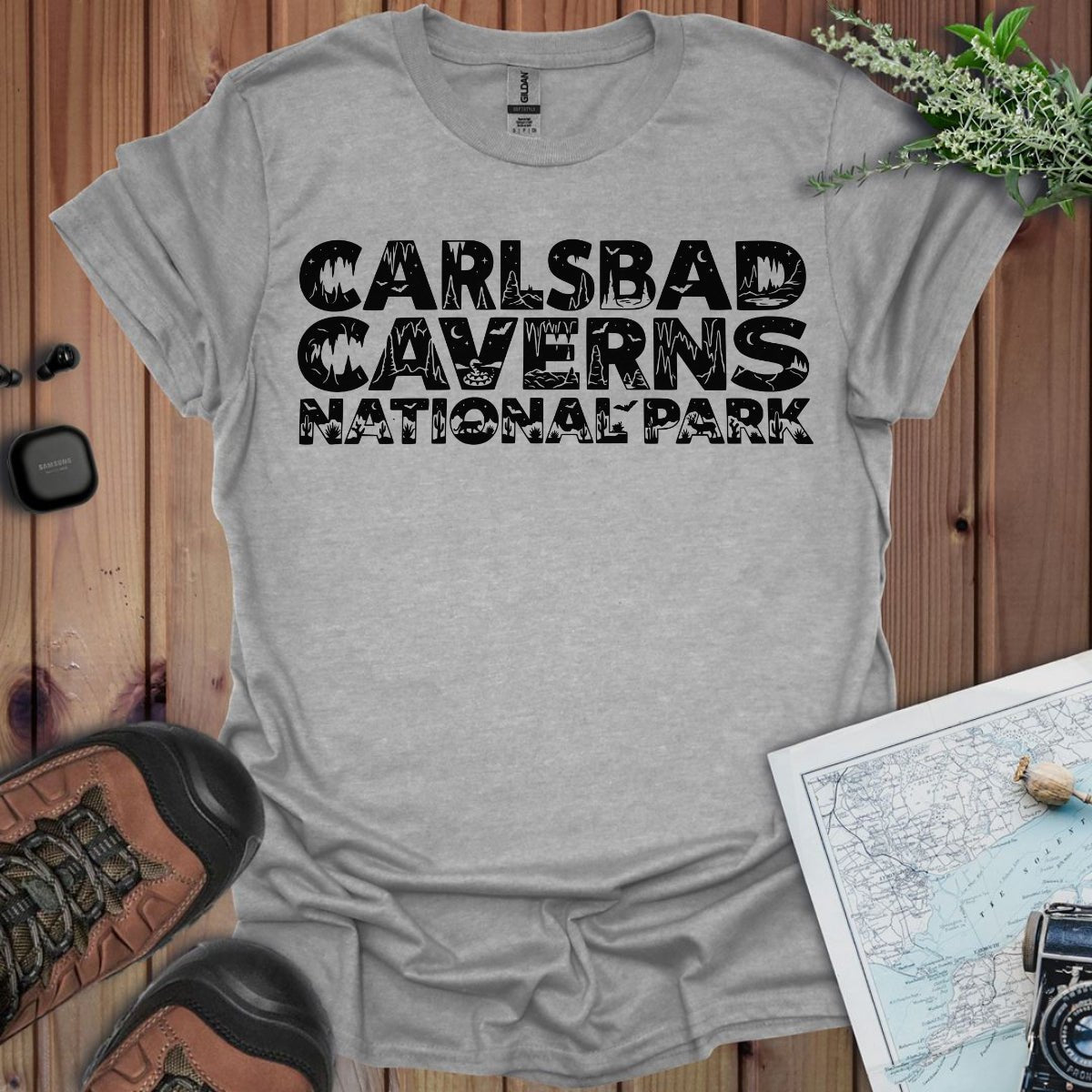 Carlsbad Caverns National Park graphic typography t-shirt shown in lifestyle or modeled setting