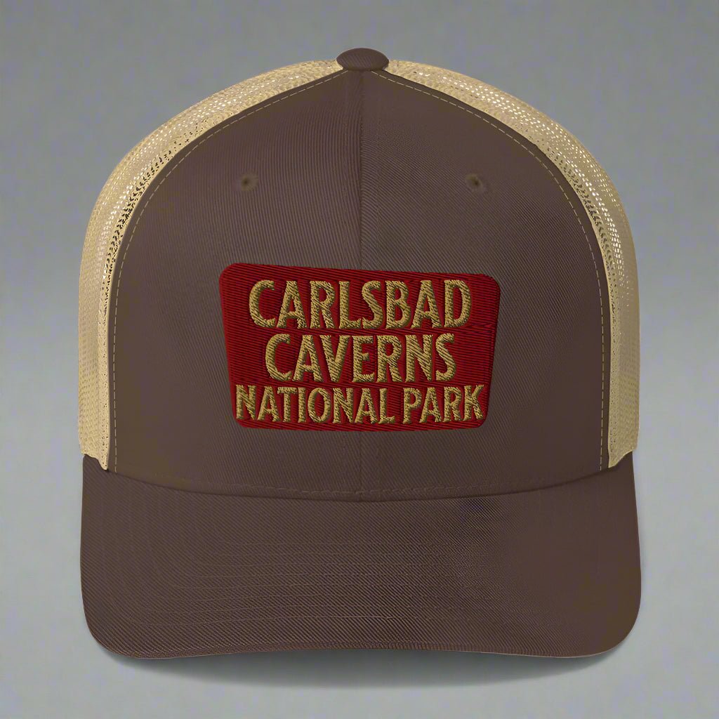 Carlsbad Caverns National Park sign embroidered trucker hat shown in lifestyle or modeled setting