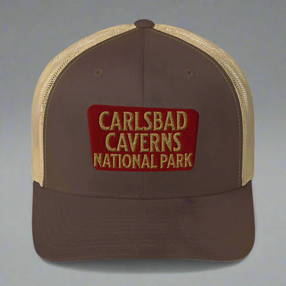 Carlsbad Caverns National Park sign embroidered trucker hat shown in lifestyle or modeled setting