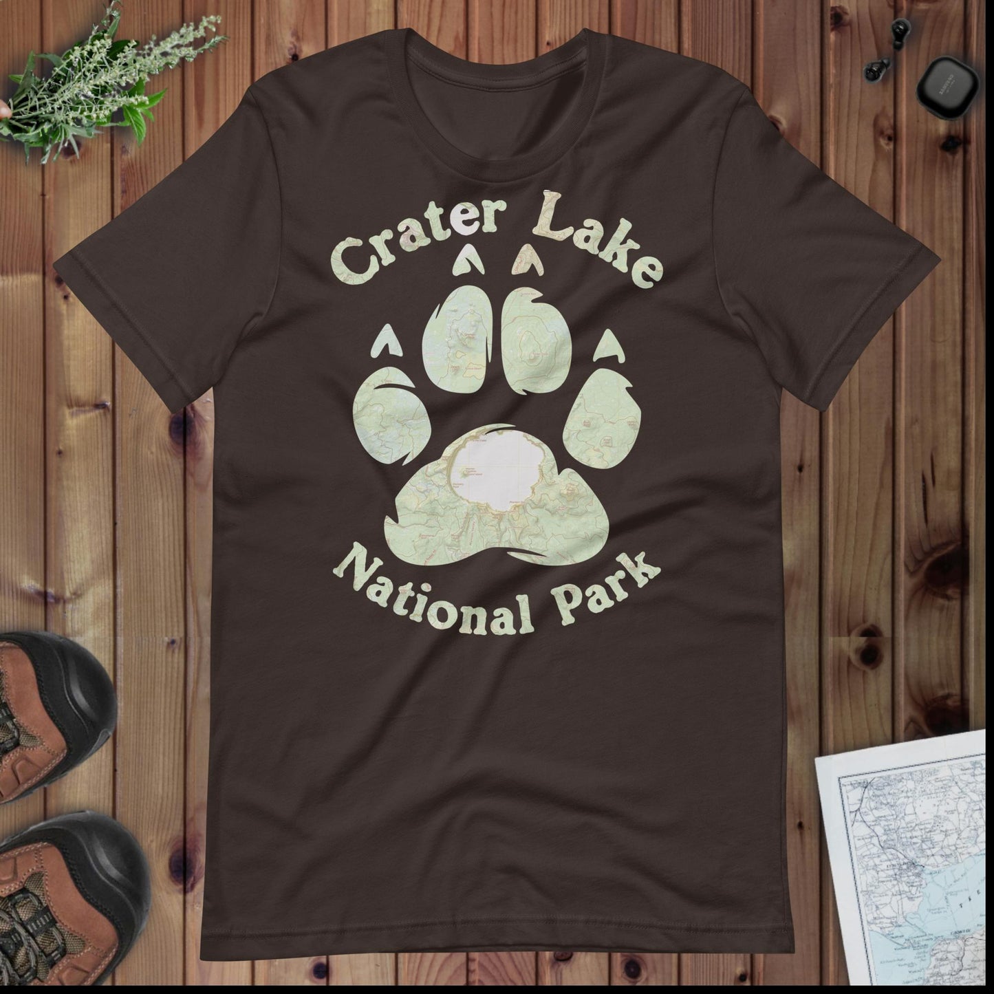 Crater Lake Bear Paw national park topo t-shirt shown in lifestyle or modeled setting
