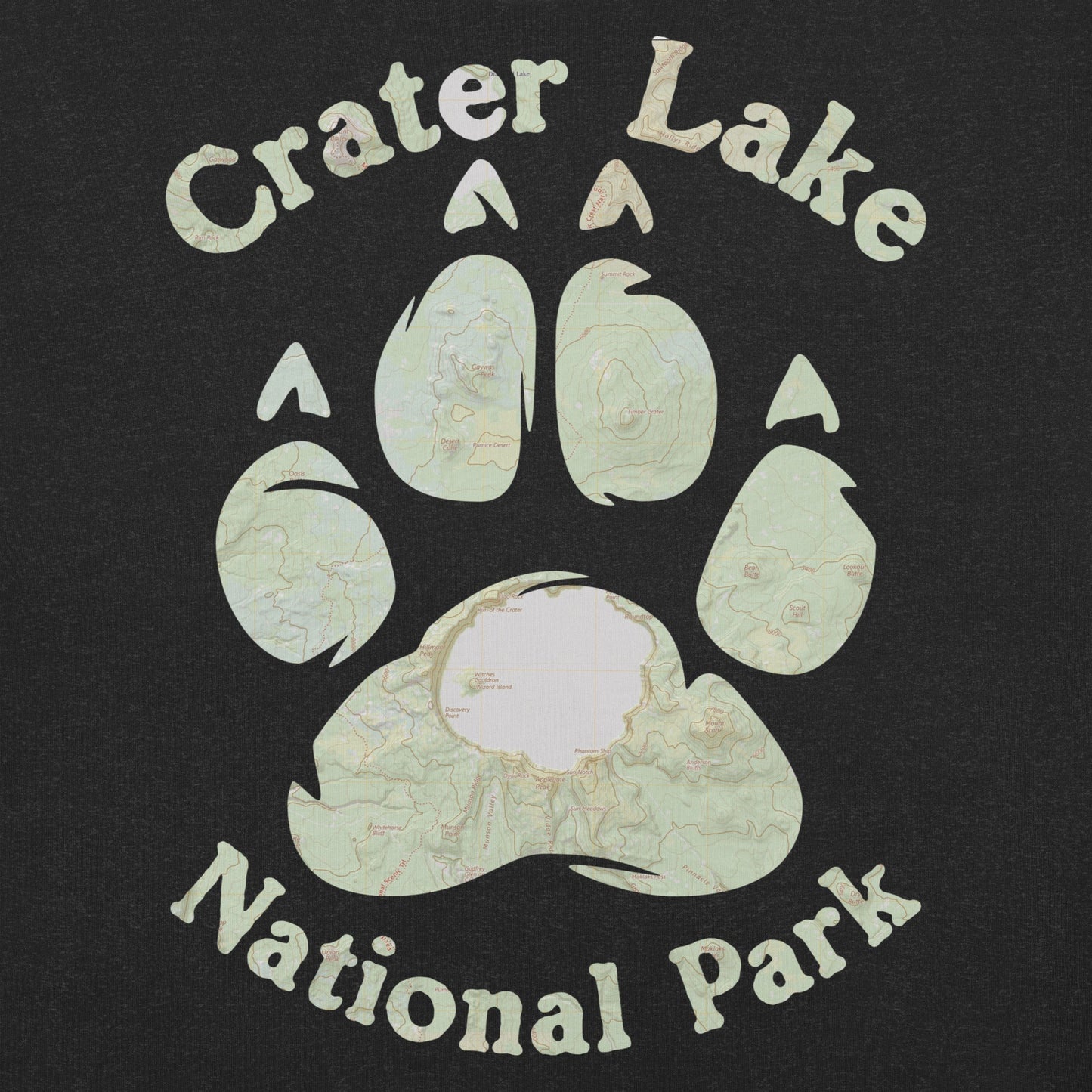 Crater Lake Bear Paw national park topo t-shirt detail or alternate product view