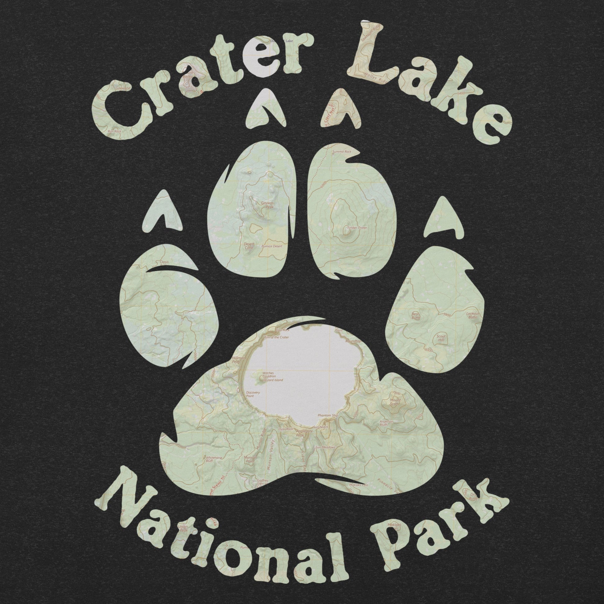 Crater Lake Bear Paw national park topo t-shirt detail or alternate product view