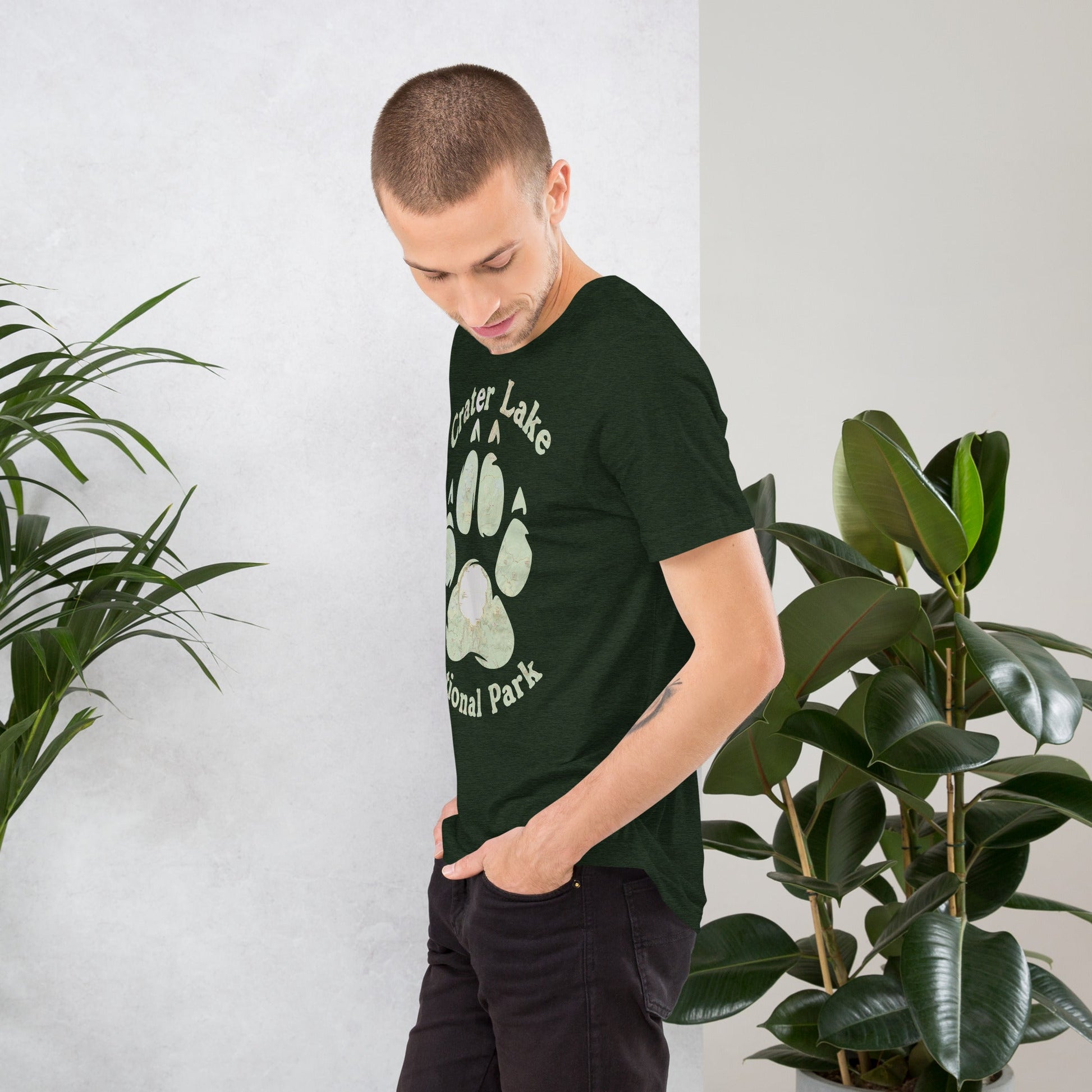 Crater Lake Bear Paw national park topo t-shirt shown in lifestyle or modeled setting