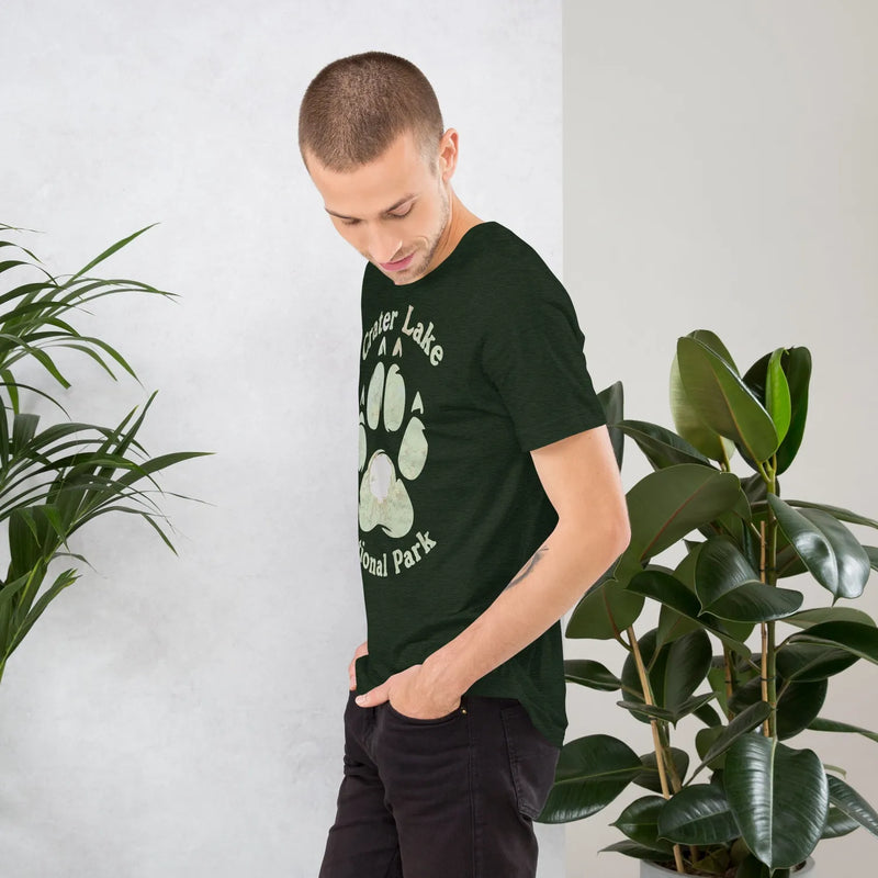 Crater Lake Bear Paw national park topo t-shirt shown in lifestyle or modeled setting