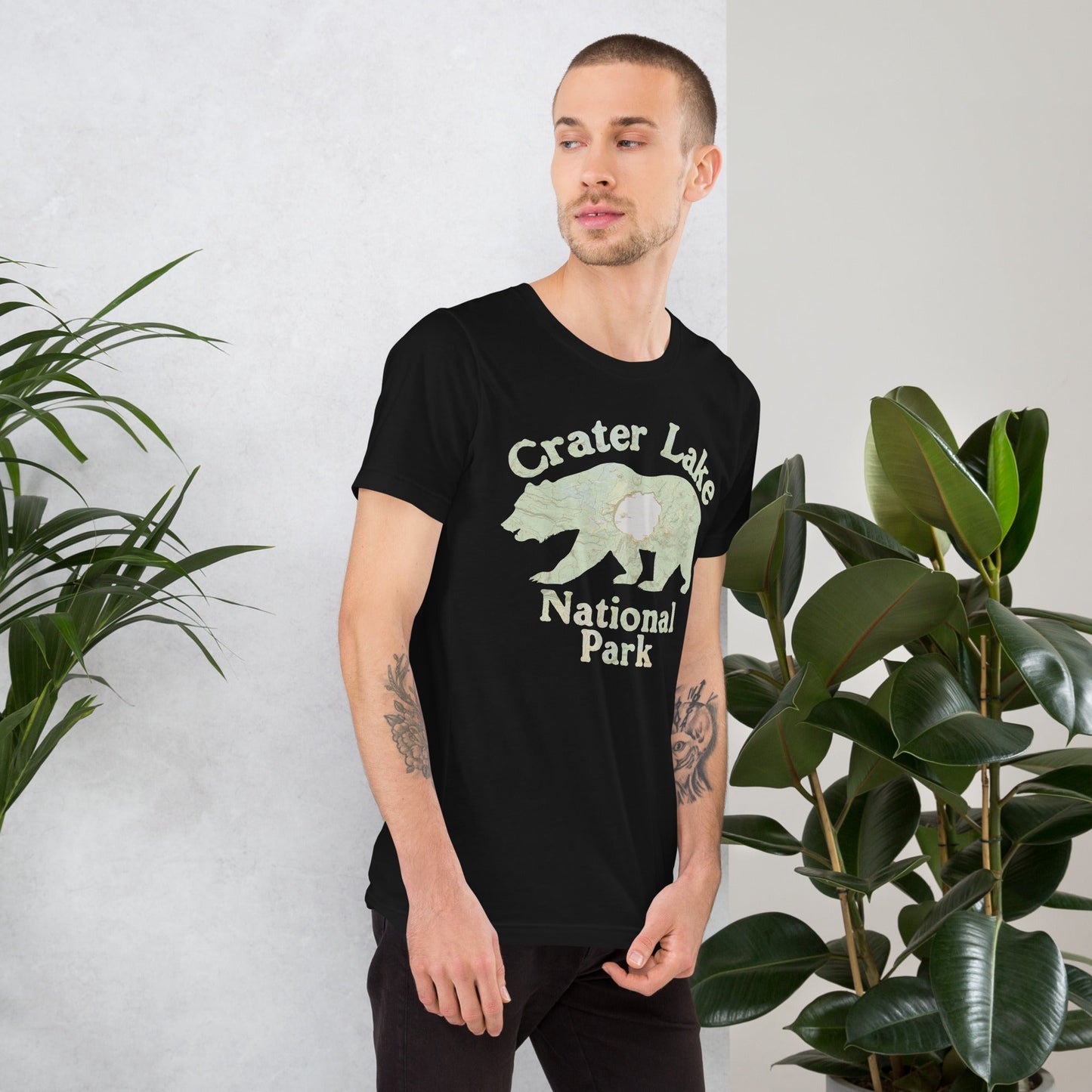 Crater Lake Bear national park topo t-shirt shown in lifestyle or modeled setting