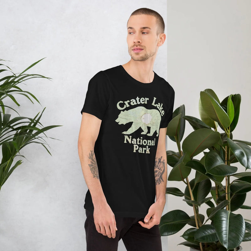 Crater Lake Bear national park topo t-shirt shown in lifestyle or modeled setting