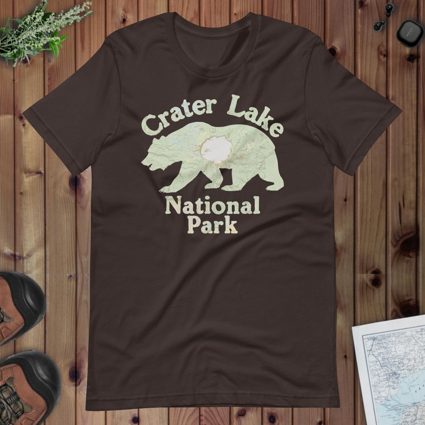 Crater Lake Bear national park topo t-shirt shown in lifestyle or modeled setting