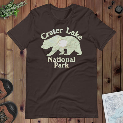 Crater Lake Bear national park topo t-shirt shown in lifestyle or modeled setting