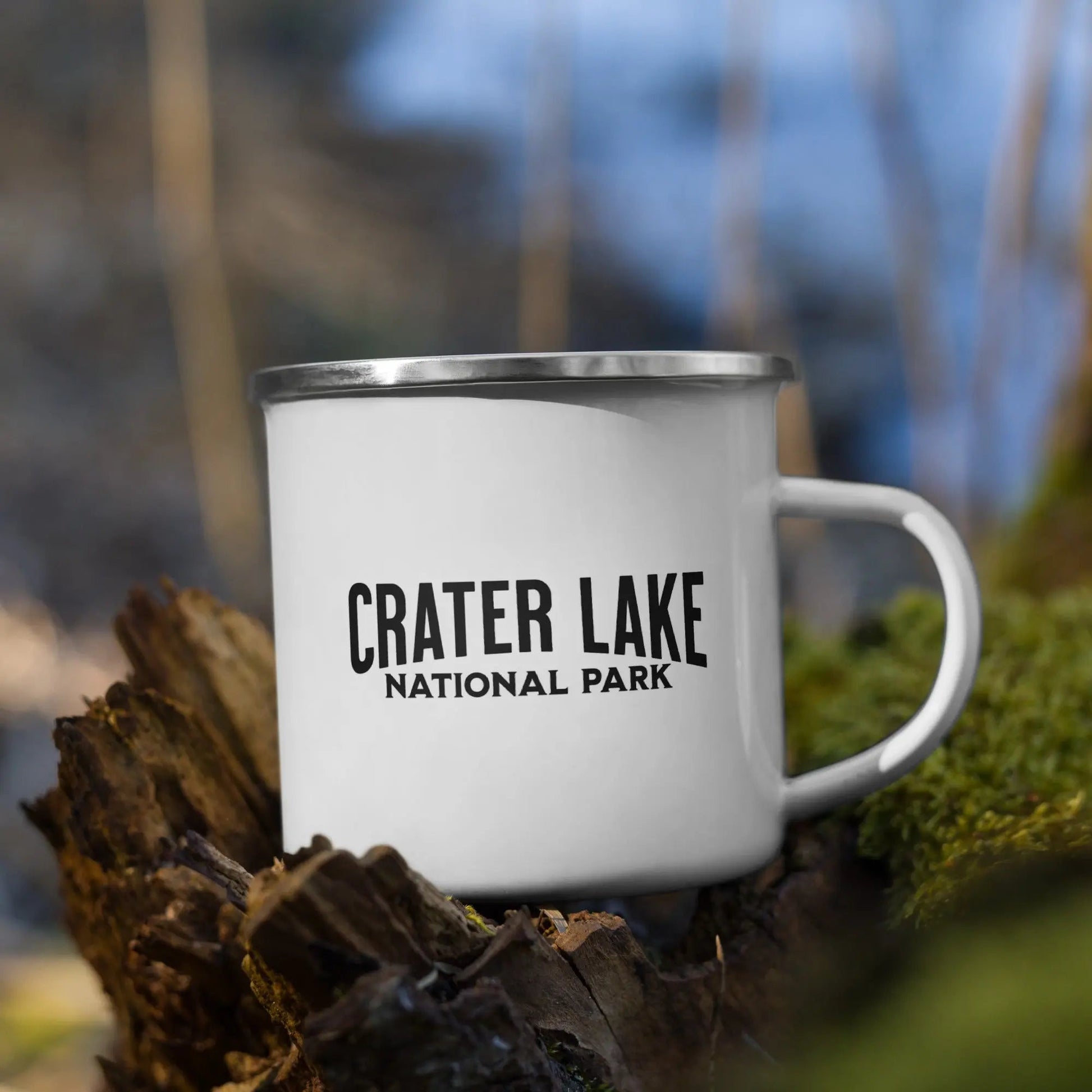 Crater Lake National Park durable enamel camp mug shown from alternate product angle