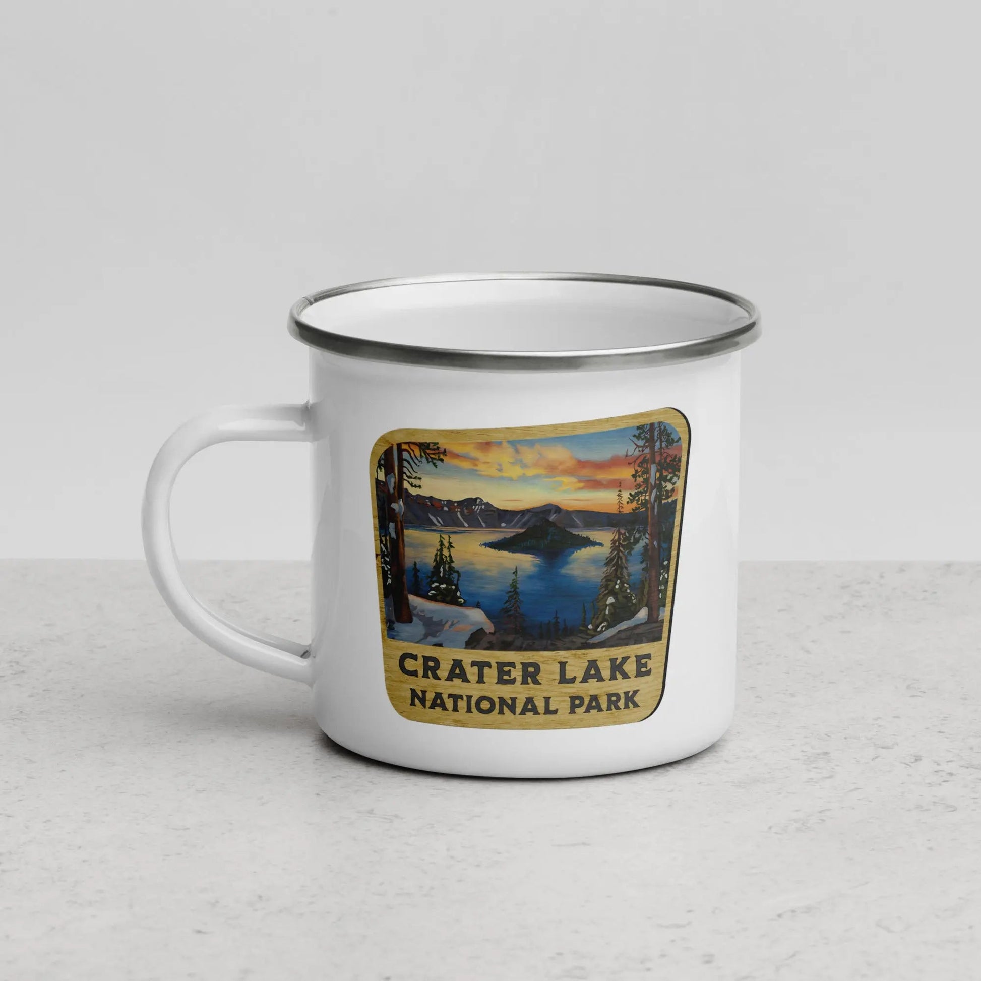 Crater Lake National Park durable enamel camp mug shown from alternate product angle