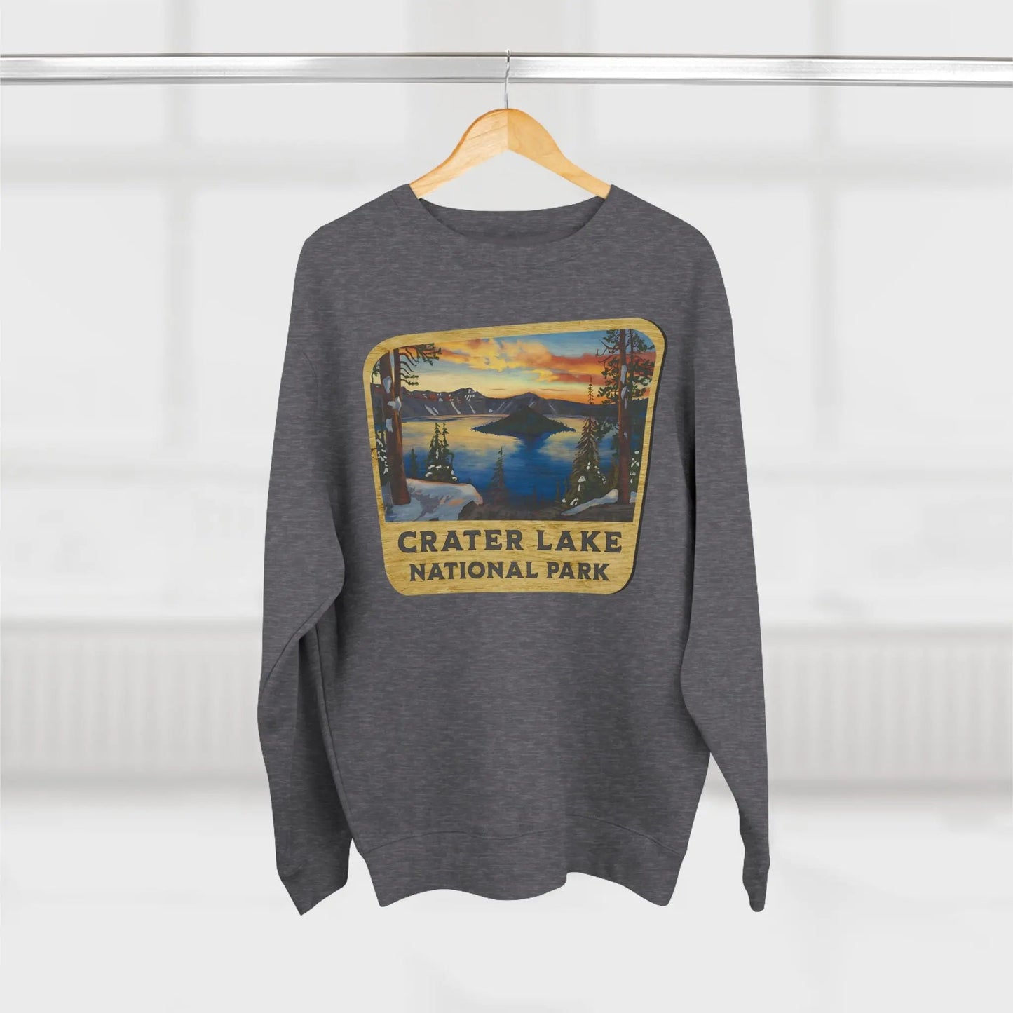 Crater Lake National Park wood sign crewneck sweatshirt shown in lifestyle or modeled setting