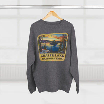 Crater Lake National Park wood sign crewneck sweatshirt shown in lifestyle or modeled setting