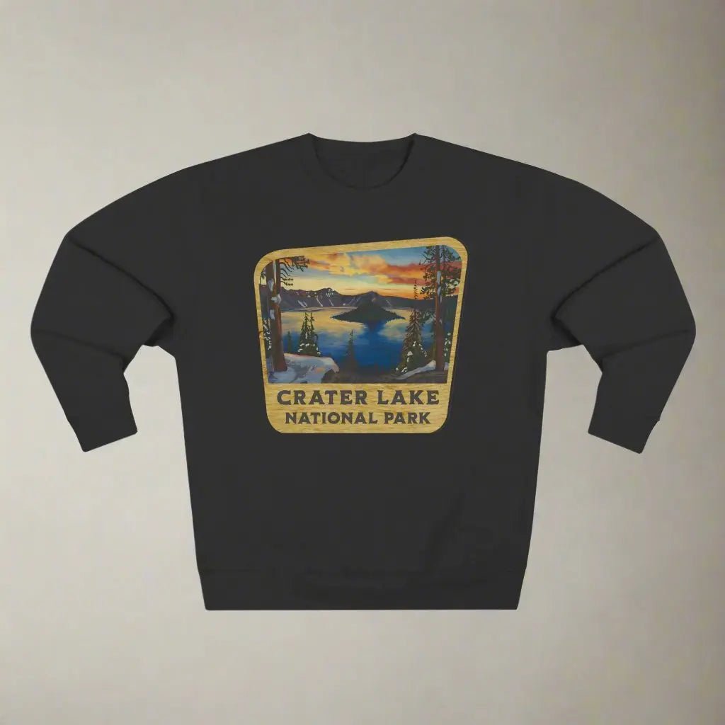 Crater Lake National Park wood sign crewneck sweatshirt shown in alternate apparel color