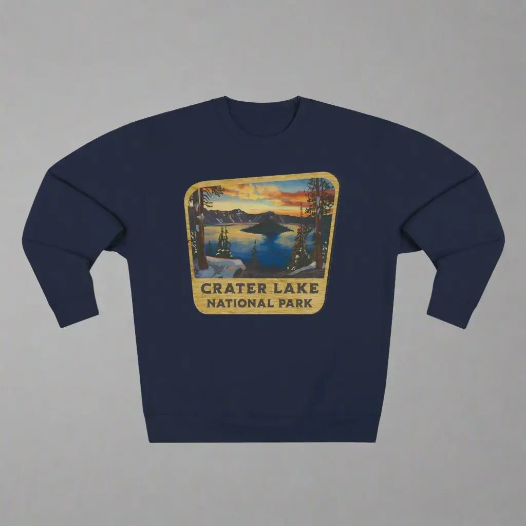 Crater Lake National Park wood sign crewneck sweatshirt shown in alternate apparel color
