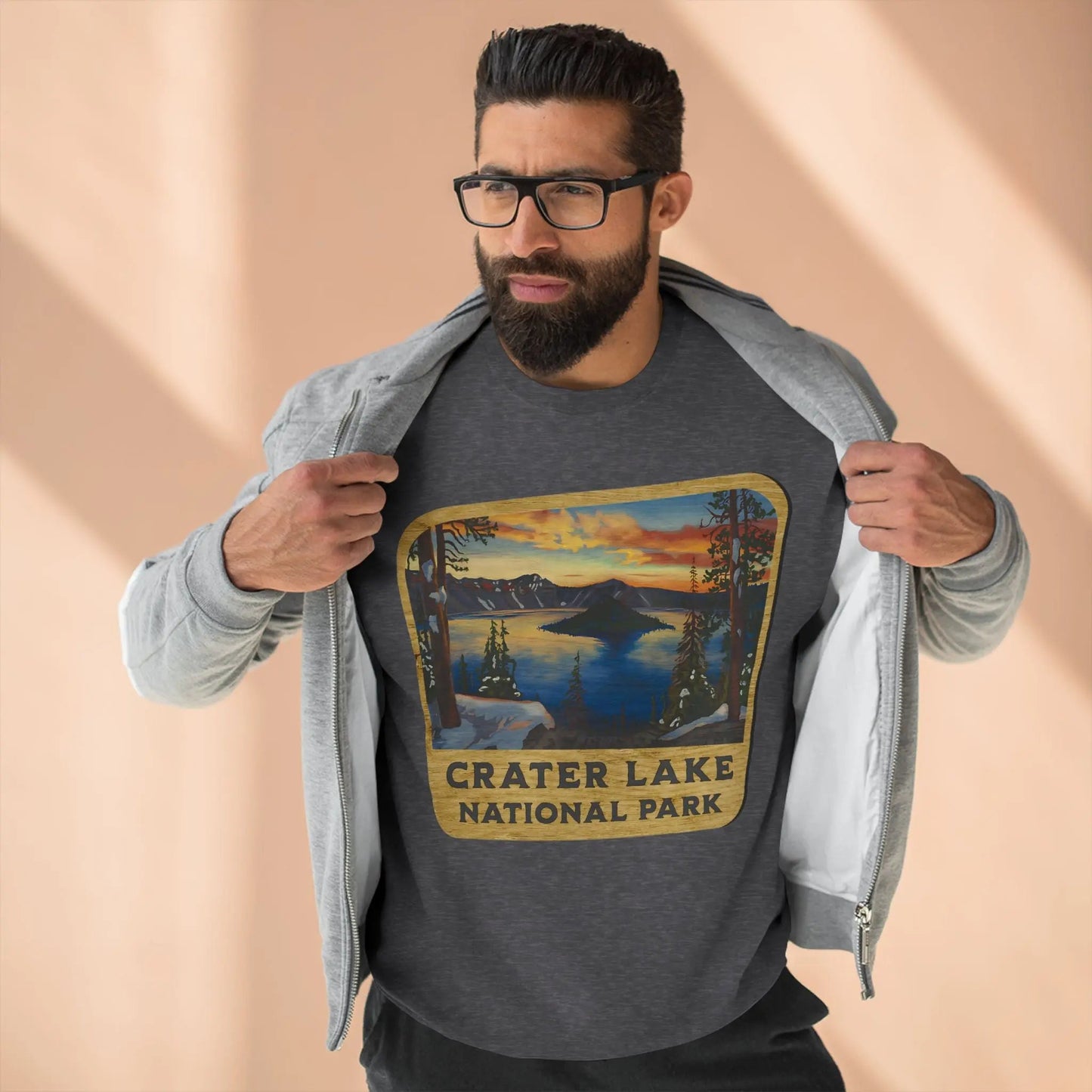 Crater Lake National Park wood sign crewneck sweatshirt shown in lifestyle or modeled setting