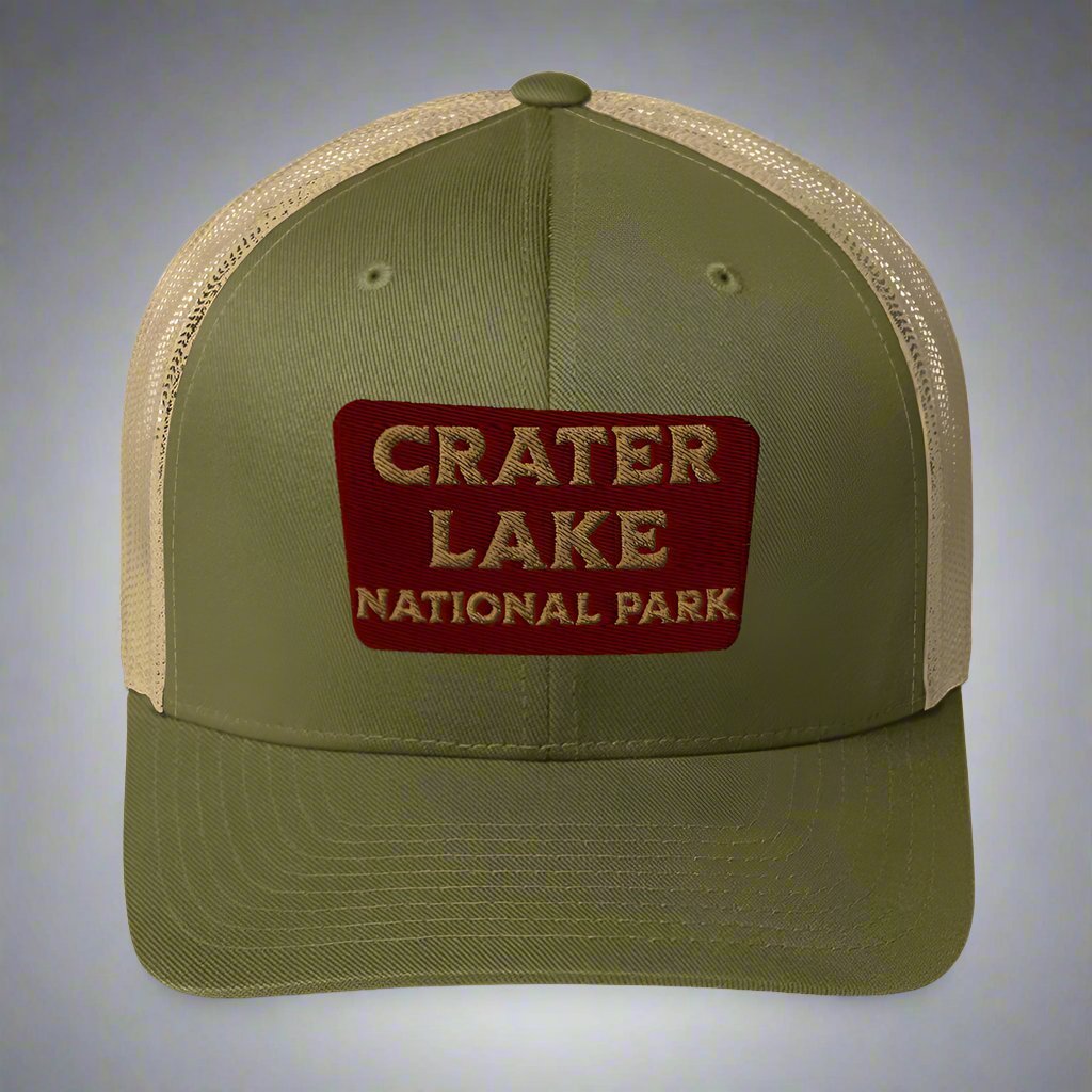 Crater Lake National Park embroidered trucker hat shown from alternate product angle