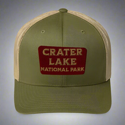 Crater Lake National Park embroidered trucker hat shown from alternate product angle