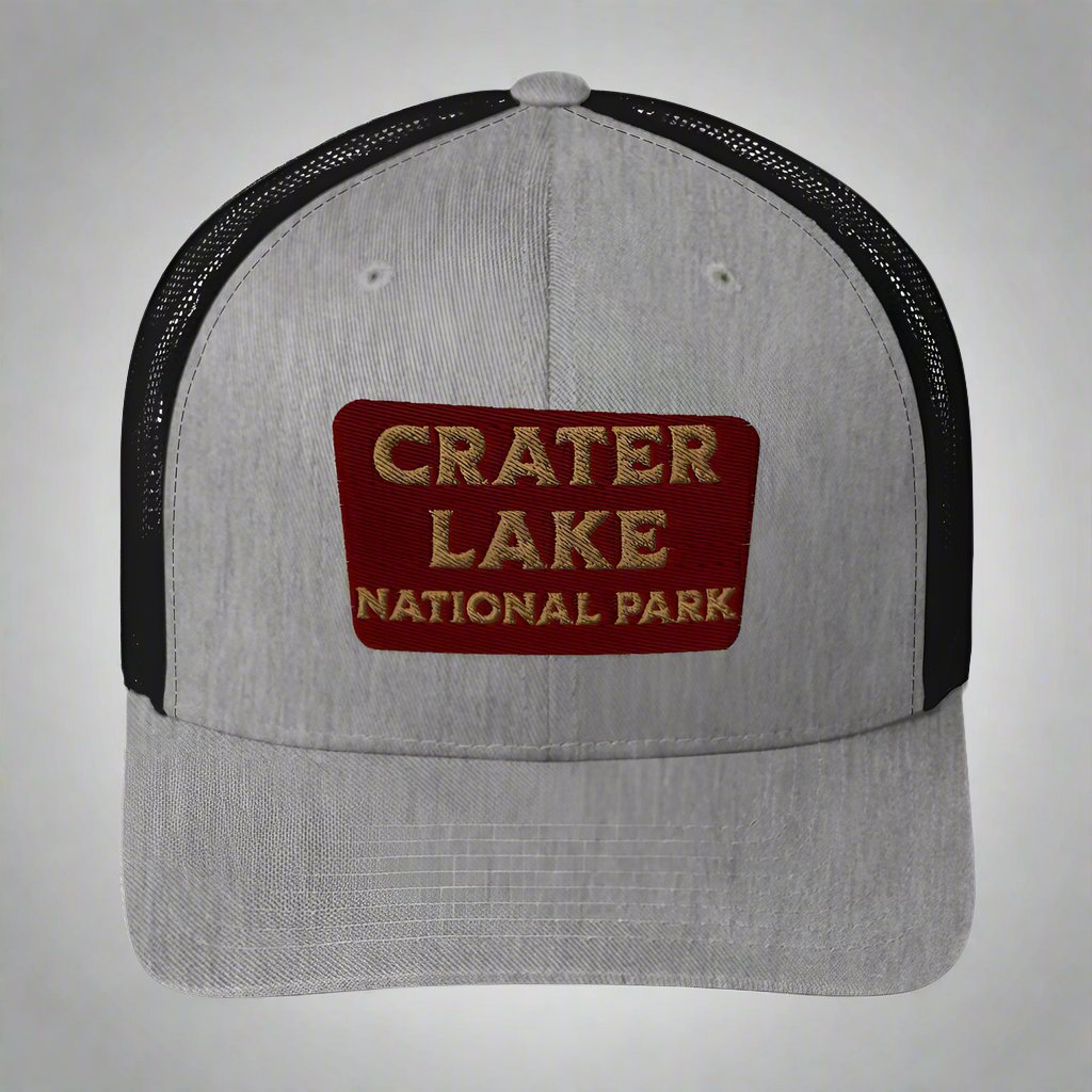 Crater Lake National Park embroidered trucker hat shown in lifestyle or modeled setting