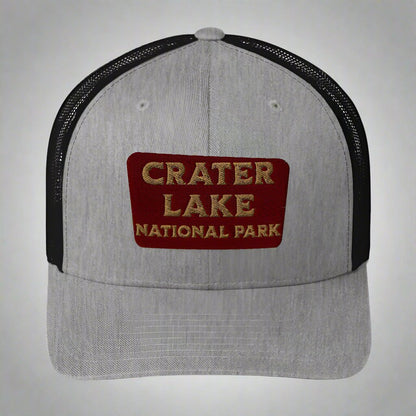 Crater Lake National Park embroidered trucker hat shown in lifestyle or modeled setting