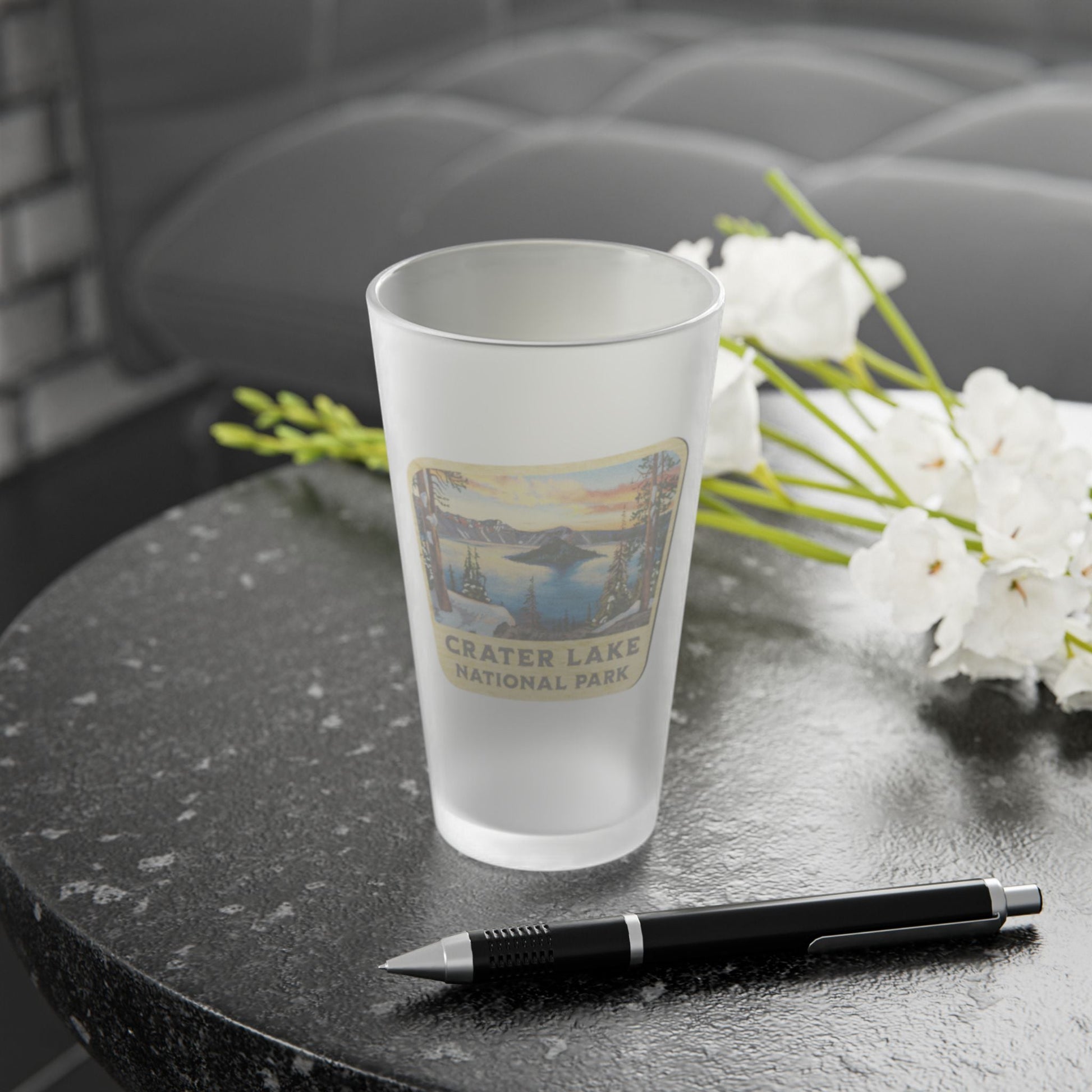 Crater Lake National Park Frosted Pint Glass Scenic Sign - Parks Apparelpint