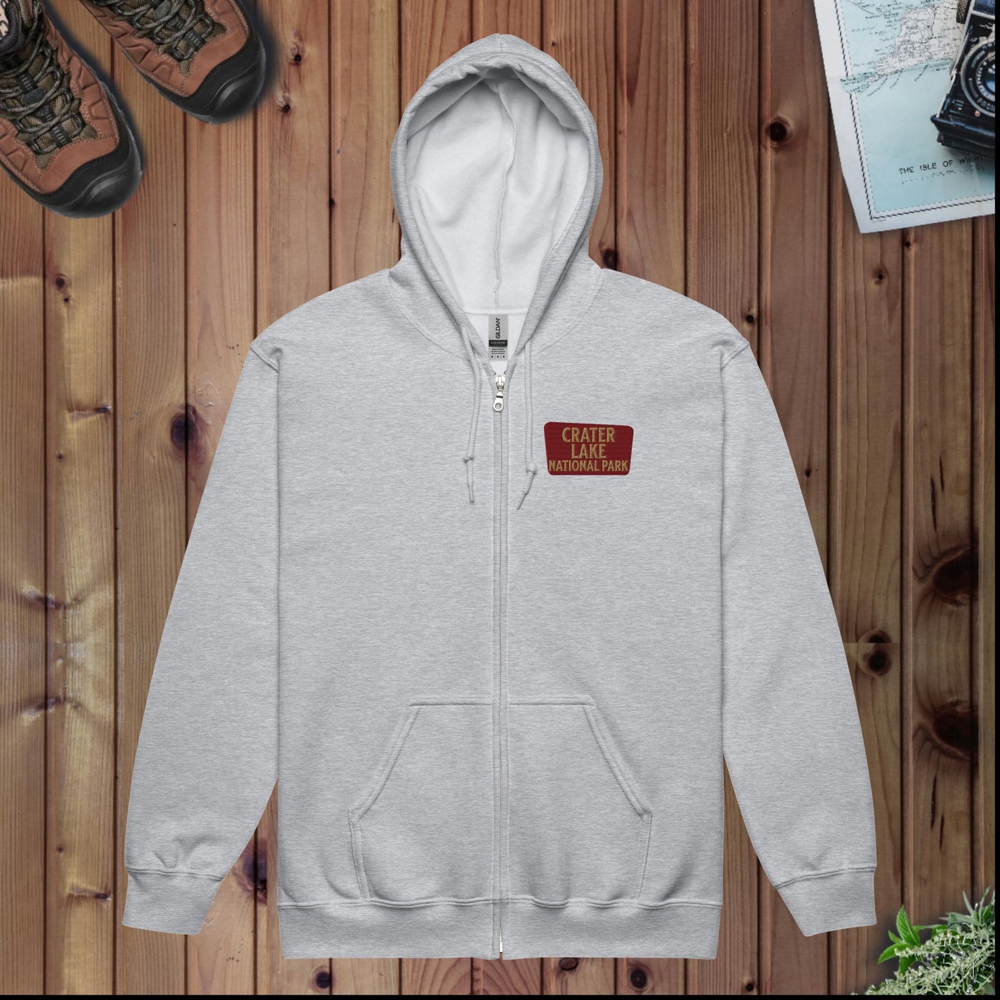 Crater Lake National Park full zip hoodie shown in lifestyle or modeled setting