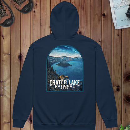 Crater Lake National Park full zip hoodie shown in lifestyle or modeled setting