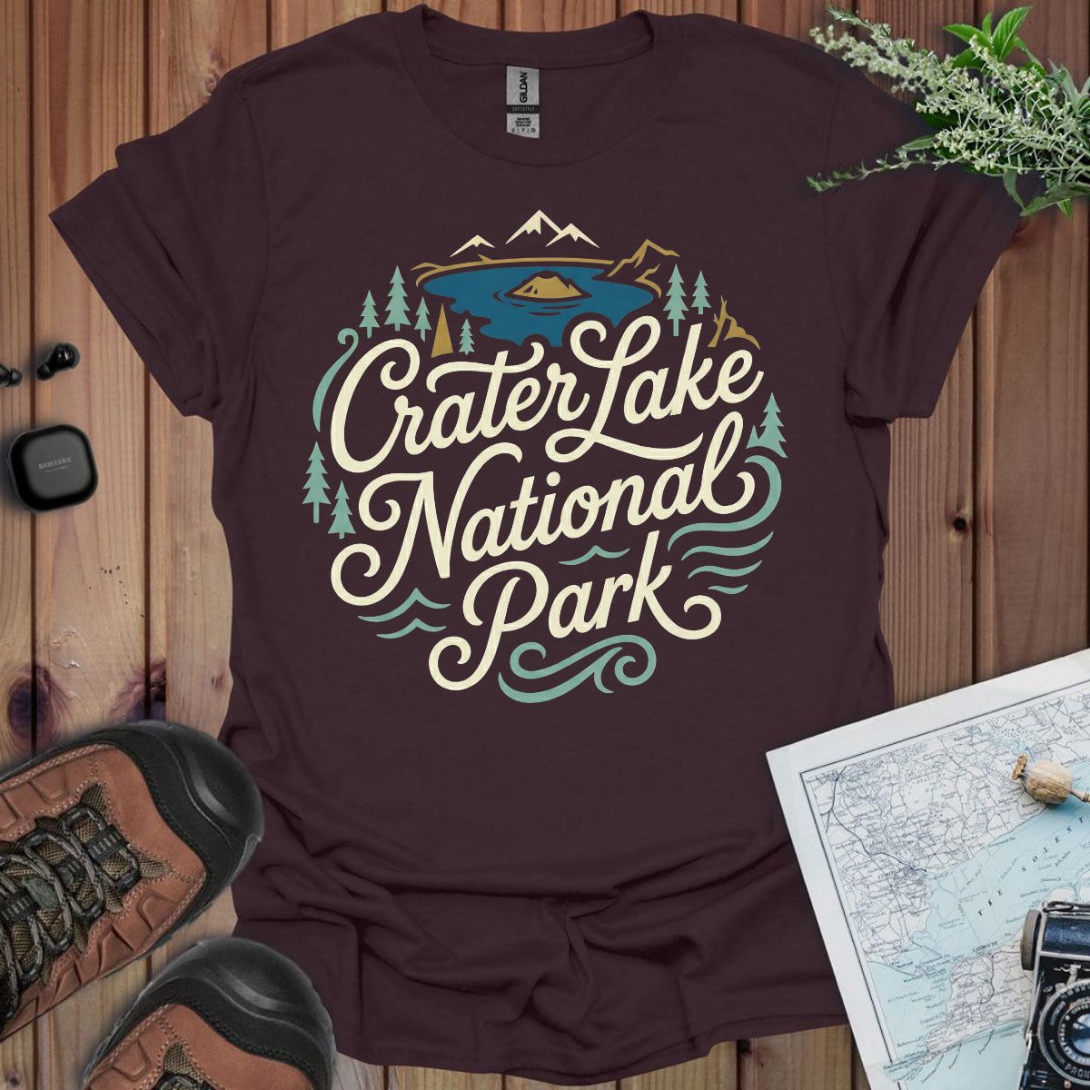 Crater Lake National Park graphic t-shirt shown in lifestyle or modeled setting
