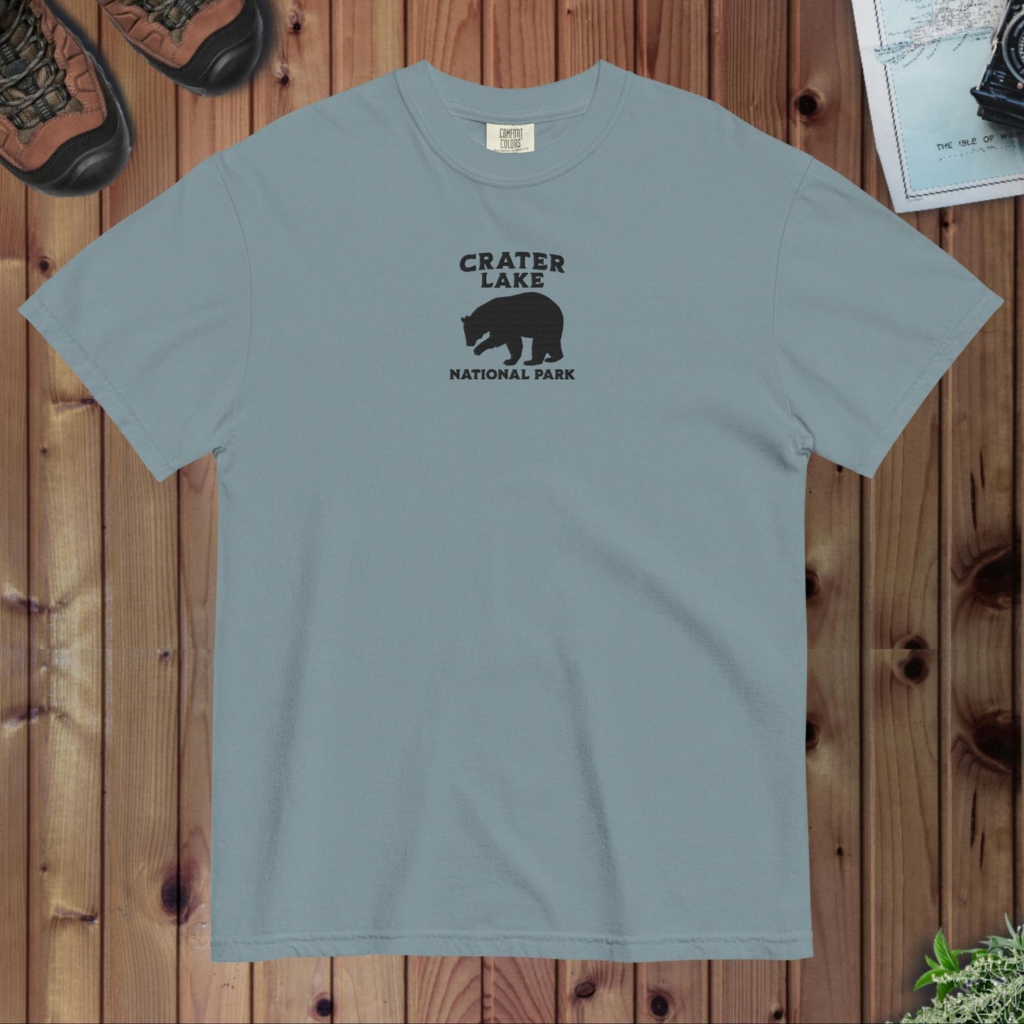 Crater Lake National Park premium embroidered t-shirt shown in lifestyle or modeled setting