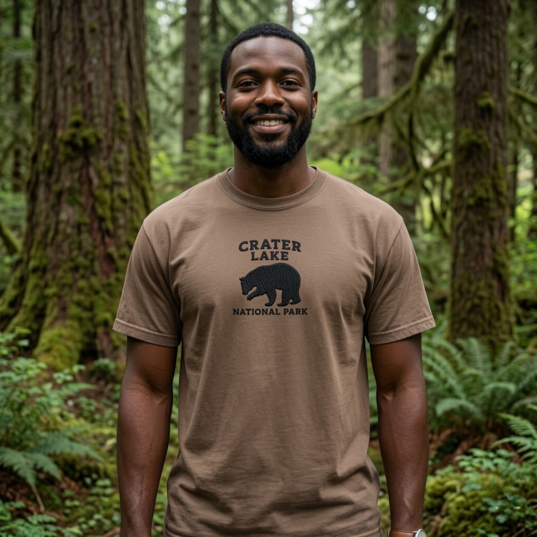 Crater Lake National Park premium embroidered t-shirt shown in lifestyle or modeled setting