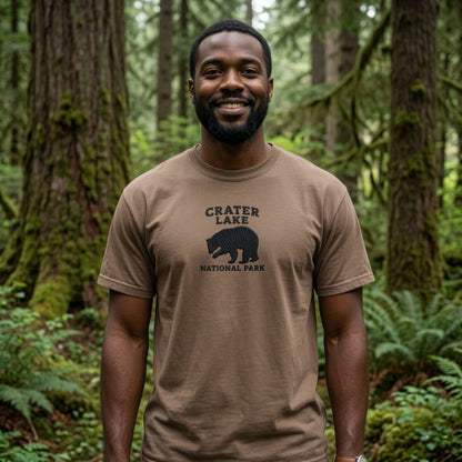 Crater Lake National Park premium embroidered t-shirt shown in lifestyle or modeled setting