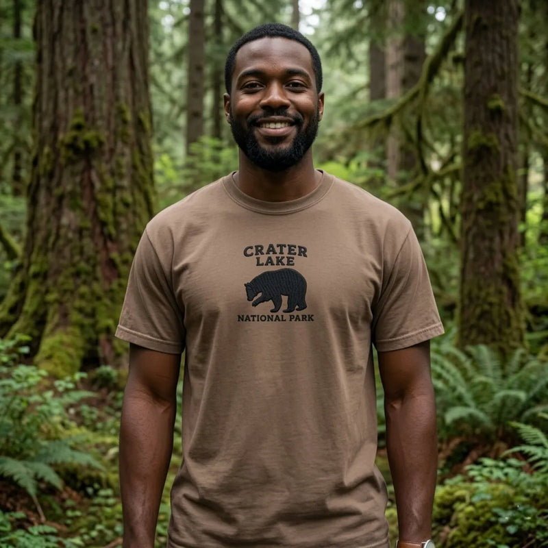 Crater Lake National Park premium embroidered t-shirt shown in lifestyle or modeled setting
