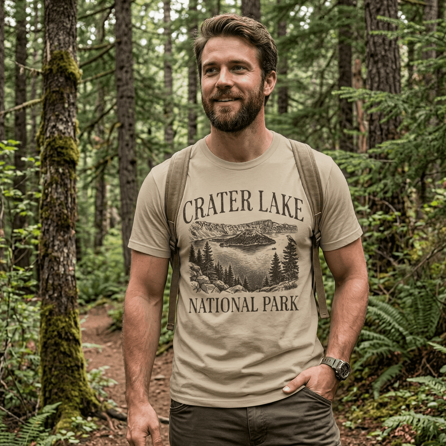 Crater Lake National Park rustic graphic t-shirt shown in lifestyle or modeled setting