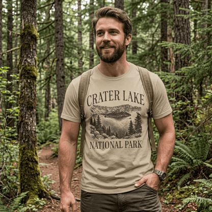 Crater Lake National Park rustic graphic t-shirt shown in lifestyle or modeled setting