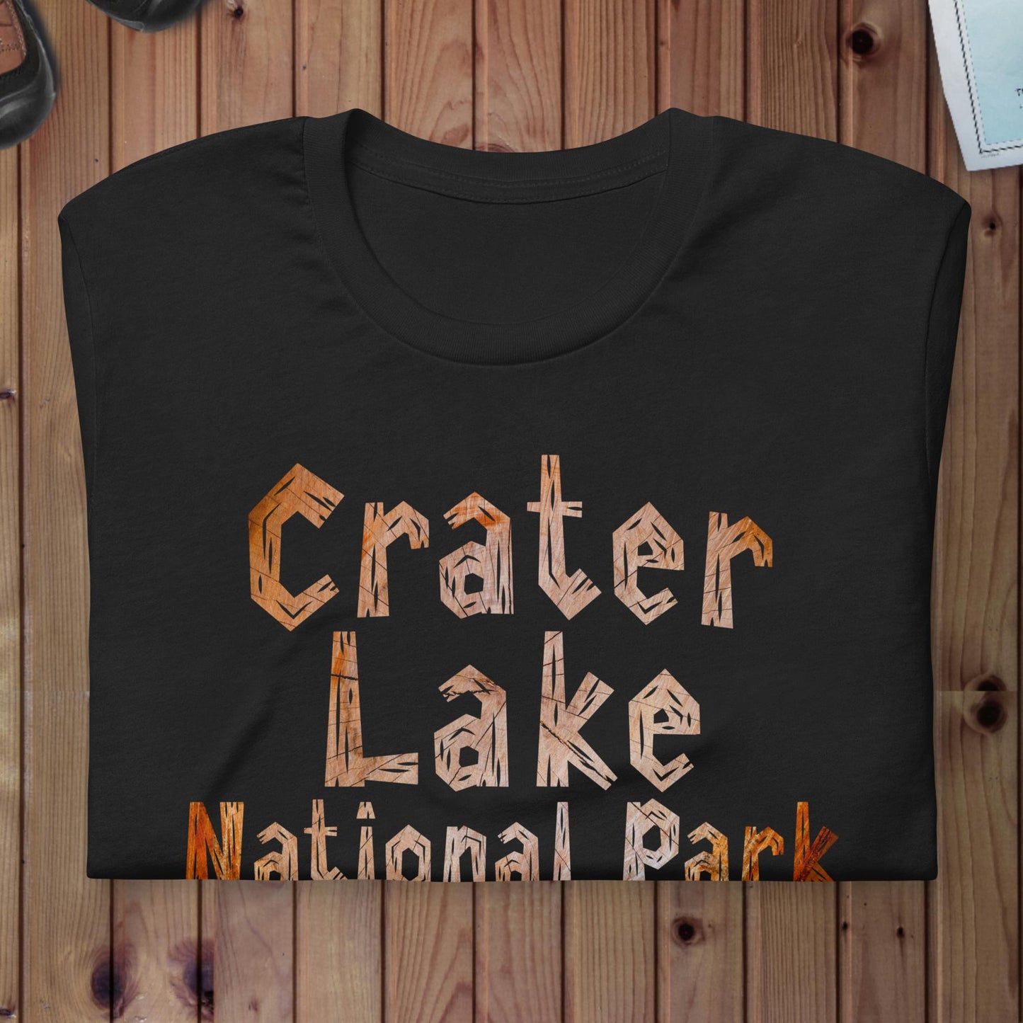 Crater Lake National Park wood grain t-shirt detail or alternate product view