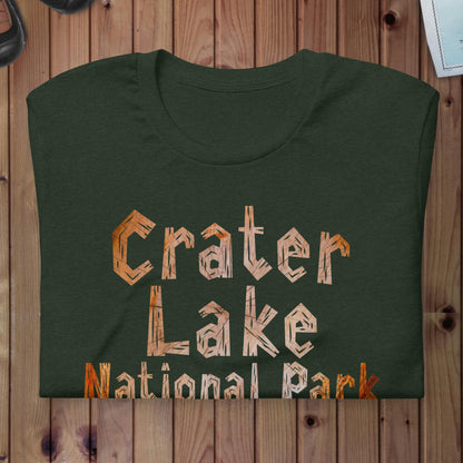 Crater Lake National Park wood grain t-shirt detail or alternate product view