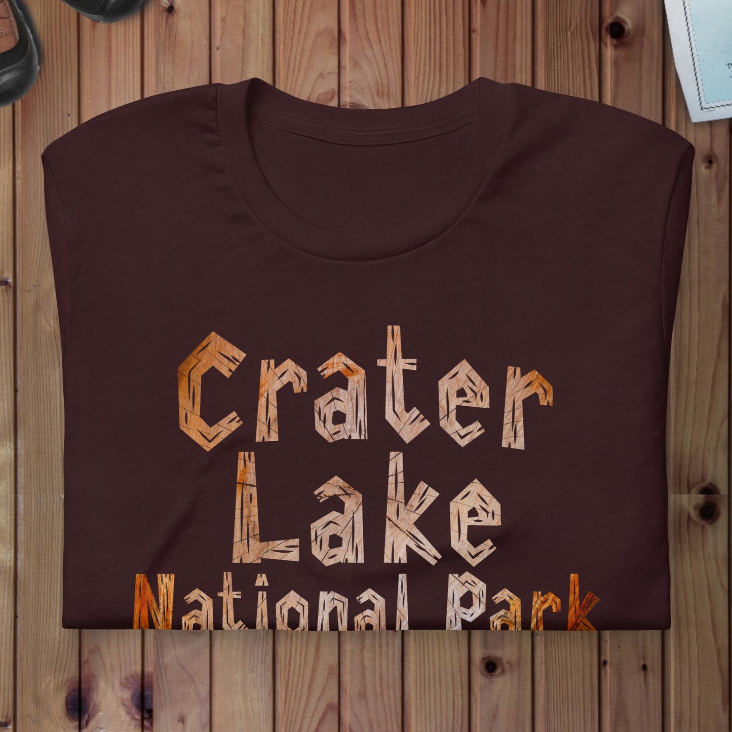 Crater Lake National Park wood grain t-shirt primary product view
