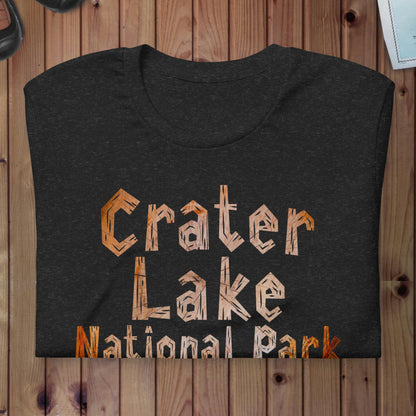 Crater Lake National Park wood grain t-shirt shown in lifestyle or modeled setting